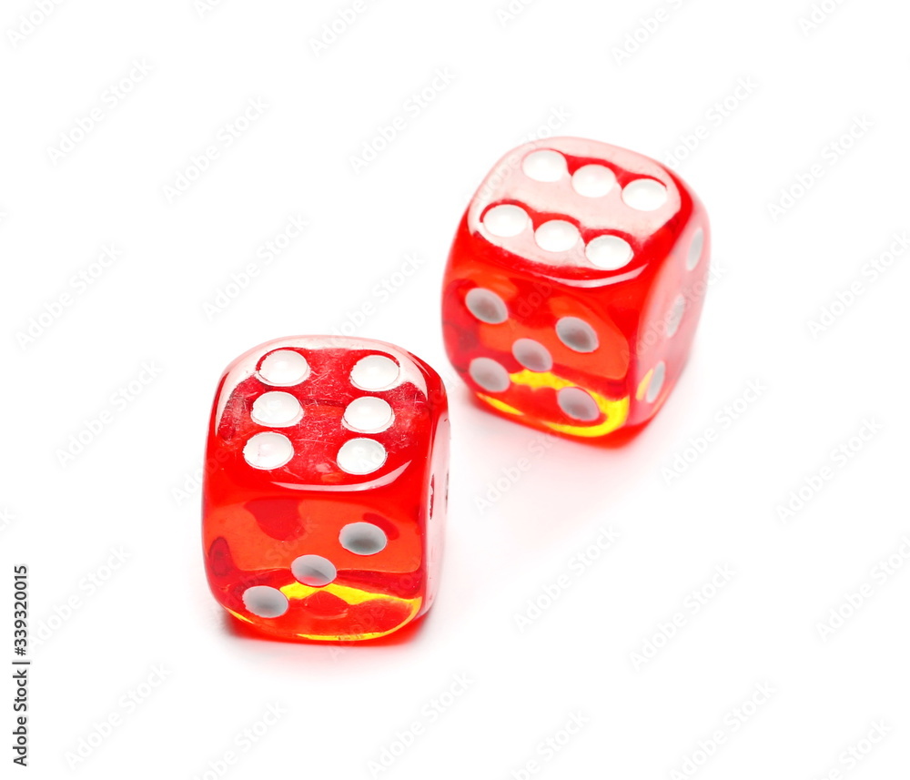 Red playing, gambling dice for tabletop games and poker isolated on white background with clipping Red playing, gambling dice for tabletop games and poker isolated on white background with clipping