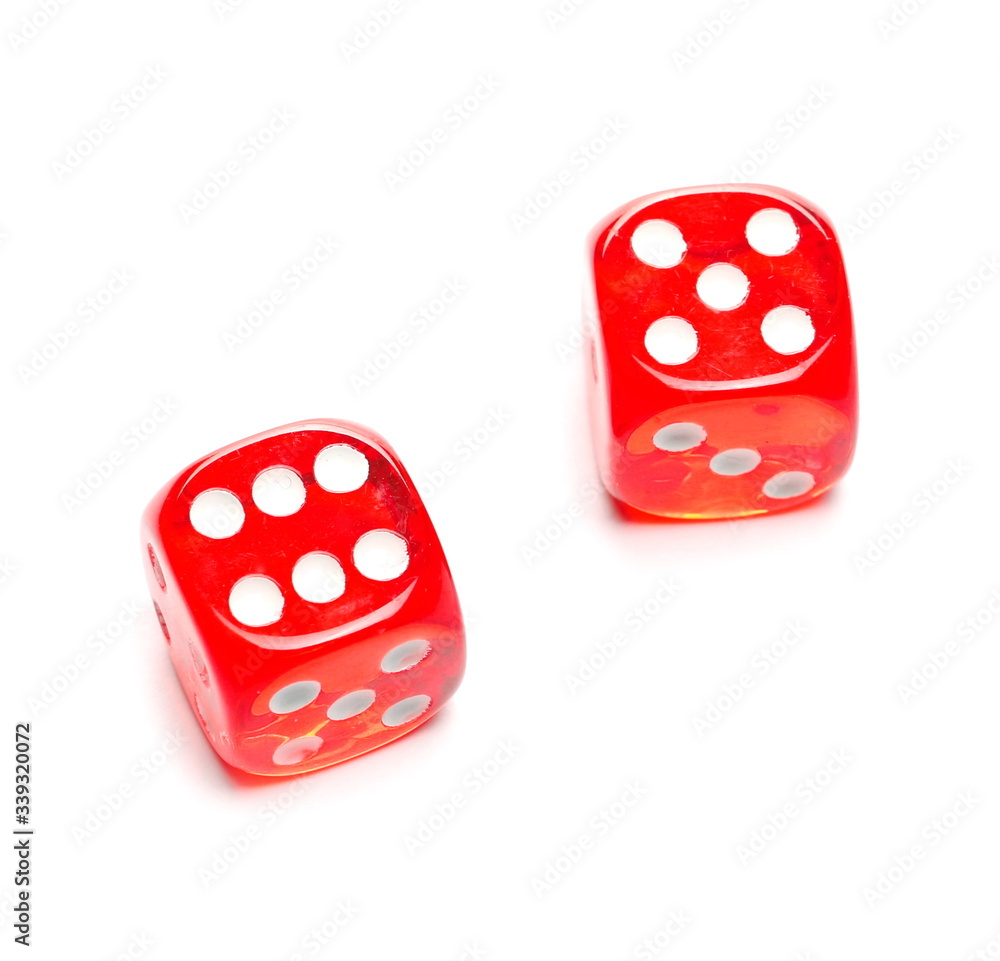 Red playing, gambling dice for tabletop games and poker isolated on white background with clipping Red playing, gambling dice for tabletop games and poker isolated on white background with clipping