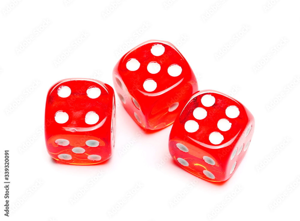Red playing, gambling dice for tabletop games and poker isolated on white background with clipping Red playing, gambling dice for tabletop games and poker isolated on white background with clipping