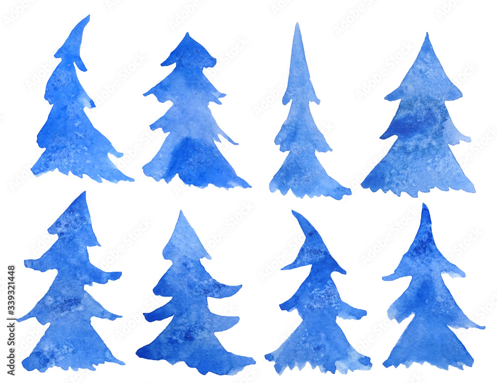 watercolor hand drawn illustration set with electric blue christmas pine fir trees textured elegant graphic and minimalist on white isolated background for new year textile wrapping paper decoration