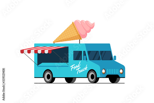Fast food blue truck. Ice cream waffle cone on van roof. Sweet eskimo car delivery service or festival on street popsicle wheels vector flat illustration