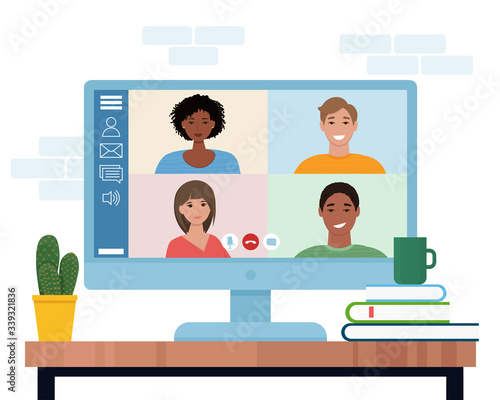 Video conference with people group. Computer screen. Vector illustration in flat style