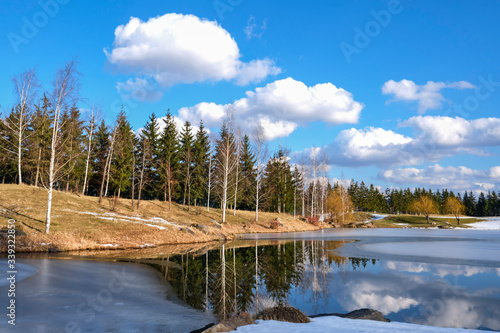 Fototapeta Naklejka Na Ścianę i Meble -  Spring landscape. Forest lake with reflection of clouds and trees growing along the shore, partially covered with ice and blue sky with clouds, at the beginning of a spring day.