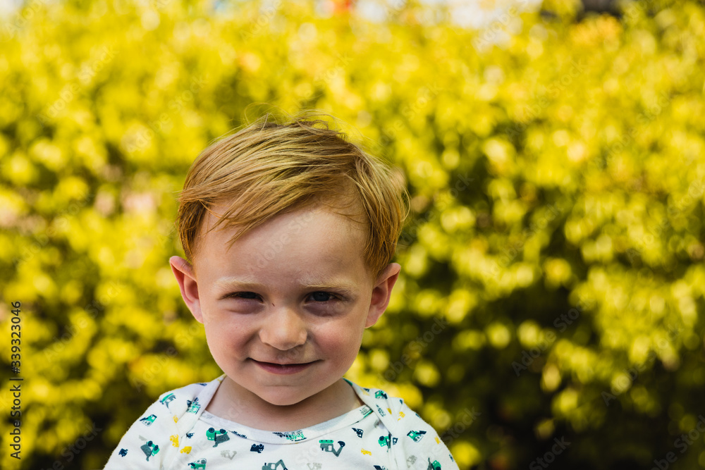casual portrait of little boy with red hair and blue eyes, in front of yellow trees background casual portrait of little boy with red hair and blue eyes, in front of yellow trees background