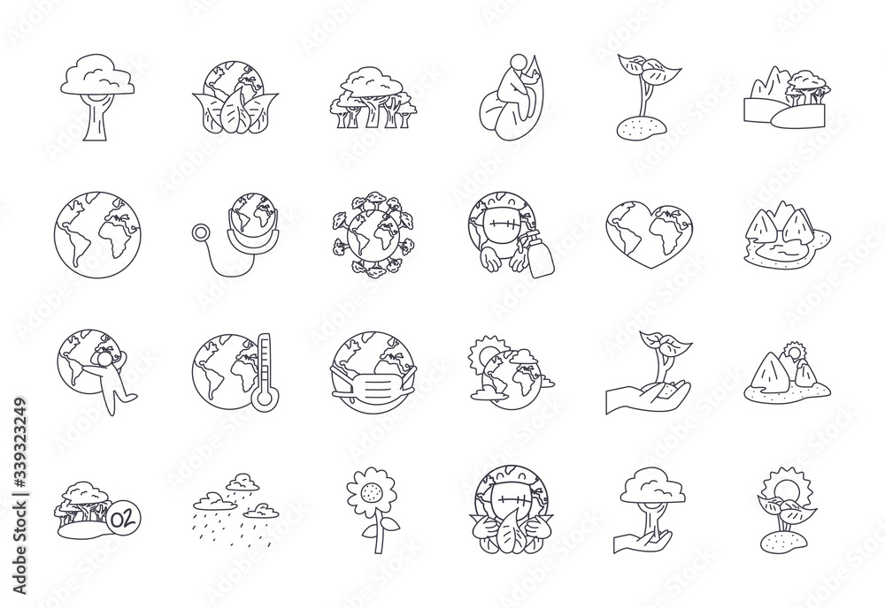 trees, planet and nature icon set, line style