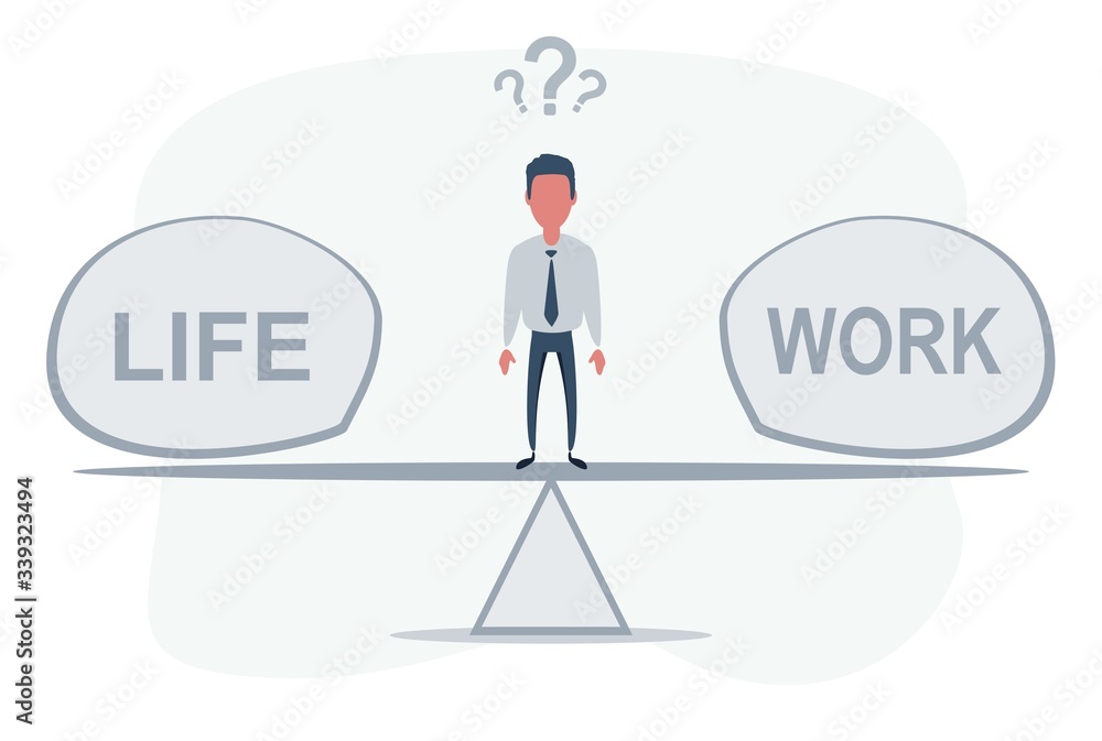 Standing in the middle between life and work. Work and Life balance concept. Businessman standing on seesaw. Vector flat design illustration.