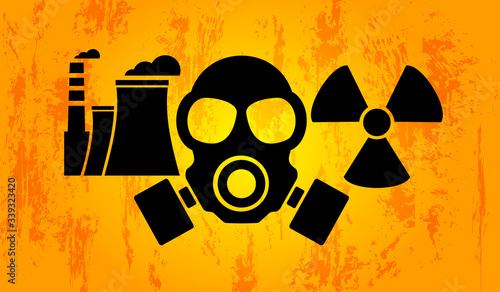 Nuclear power plant factory icon, radioactive icon, hazard symbol, gas mask. Vector illustration