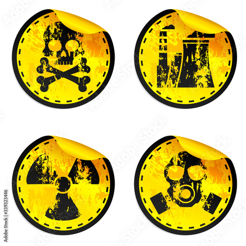 Toxic sign, symbol stickers set. Warning radioactive zone. Vector illustration