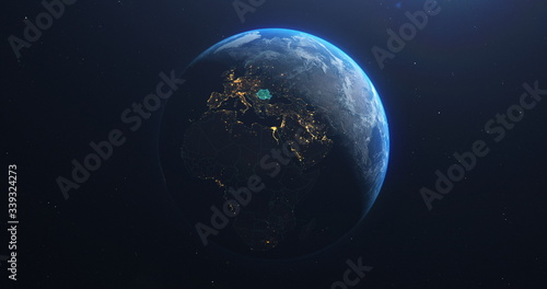 Romania map from outer space, teal highlight planet earth technology, 3d illustration, elements of this image courtesy of NASA