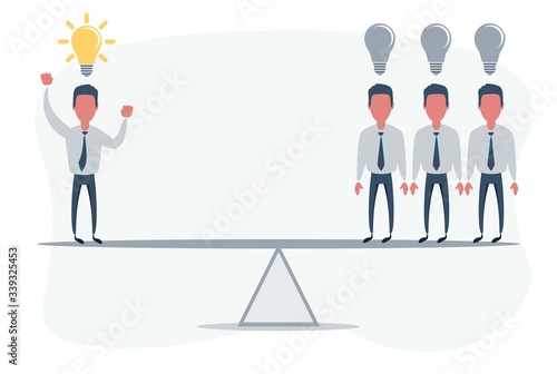 Business swing. Idea - competition, rivalry concept. Businessman standing on seesaw. Vector illustration