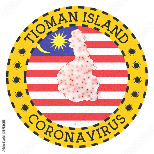 Coronavirus in Tioman Island sign. Round badge with shape of Tioman Island. Yellow island lockdown emblem with title and virus signs. Vector illustration.