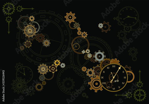 Vector graphics. Vector image of a clock, clock details, gears, arrows . Gold and yellow on a black background