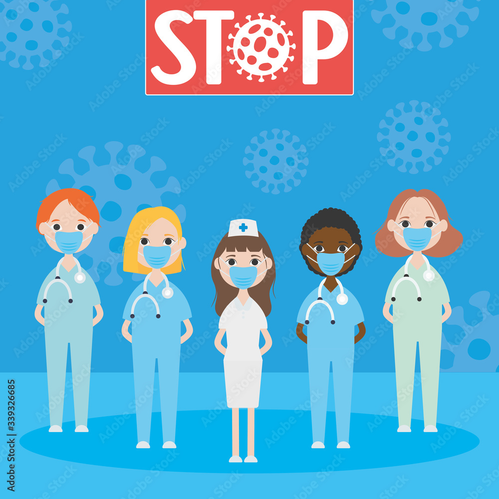 stop covid 19 concept, cartoon doctors standing with mouth masks, colorful design stop covid 19 concept, cartoon doctors standing with mouth masks, colorful design