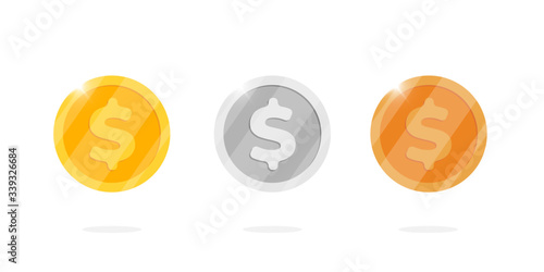 Gold silver and bronze dollar metal money coin set. Vector flat cartoon finance symbol isolated illustration for web game or interface
