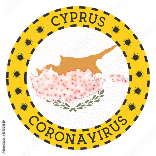 Coronavirus in Cyprus sign. Round badge with shape of Cyprus. Yellow country lockdown emblem with title and virus signs. Vector illustration.
