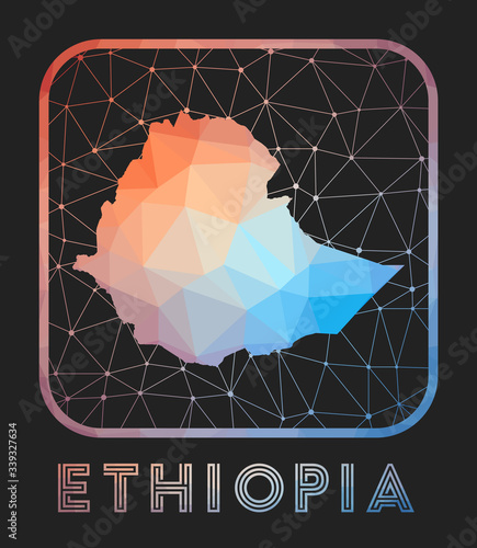 Ethiopia map design. Vector low poly map of the country. Ethiopia icon in geometric style. The country shape with polygonal gradient and mesh on dark background.