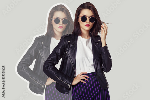 Collage in fashion style of young woman wearing black jacket
