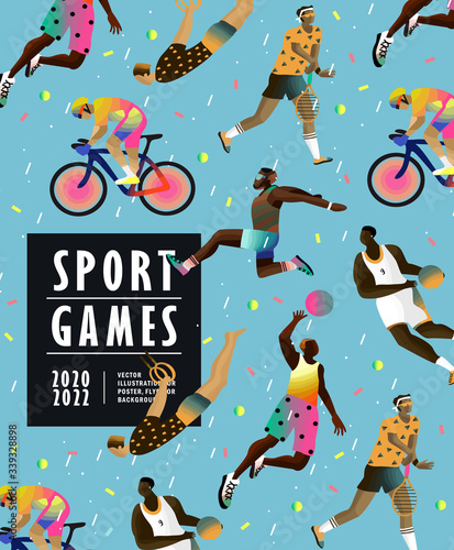 Sport games. Vector illustration of athletes: cycling, tennis, basketball, volleyball, athletics. Competition drawing for poster, background or cover. 