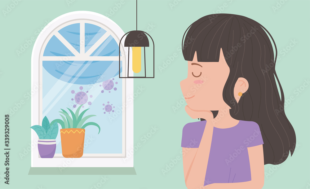 stay at home quarantine, woman in room with window lamp and potted plants stay at home quarantine, woman in room with window lamp and potted plants