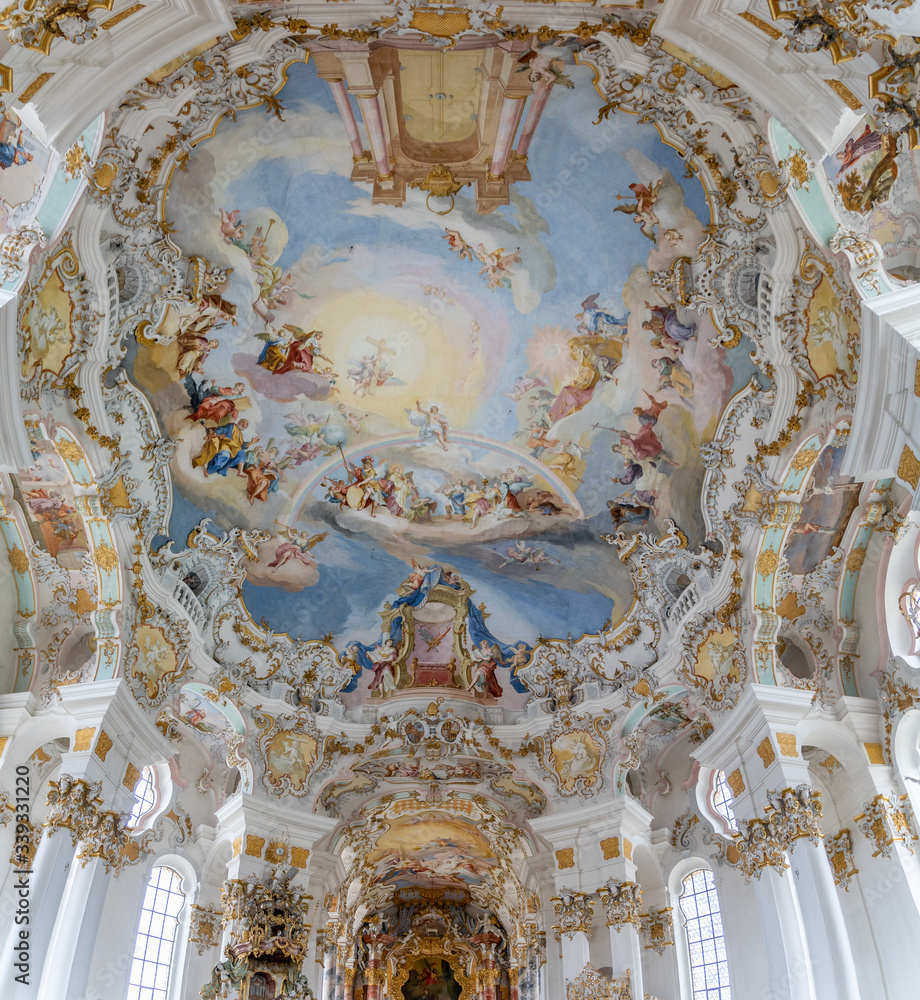 Rococo style dome fresquo with tromp-l'oeil in Pilgrimage Church of Wies in Steingaden, Germany