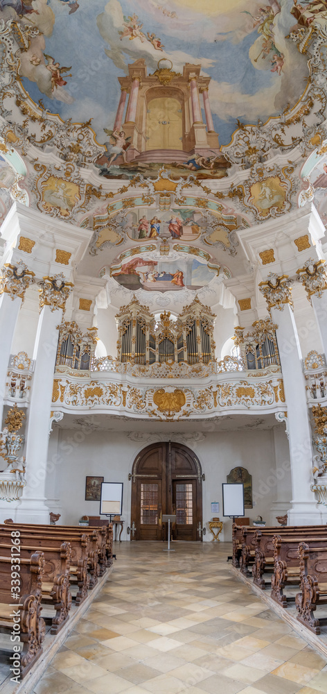 FeEntrance of pilgrimage church of wies Wieskirche with pipe organ rococo style dome