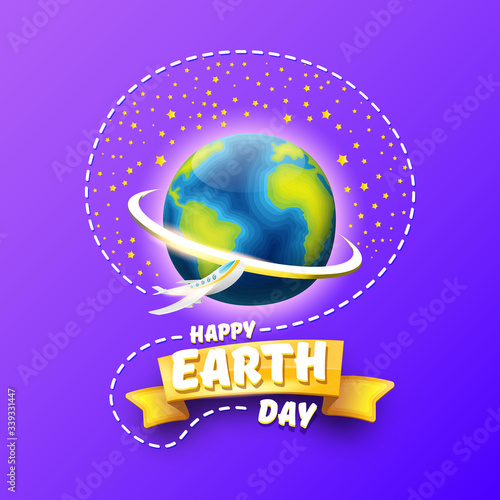 Cartoon earth day illustration or banner with earth globe and flying space plane isolated on violet sky background. Vector World earth day concept poster illustration with planet Earth in space