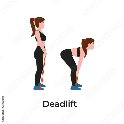 Booty or glutes workout with resistance bands. Deadlift concept. Stay home and do sport. Flat vector cartoon modern illustration.