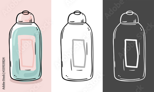 Illustration of a cosmetic in a bottle. Suitable for tonic, makeup remover, micellar water.