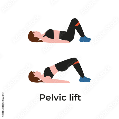 Booty or glutes workout with resistance bands. Pelvic lift concept. Stay home and do sport. Flat vector cartoon modern illustration.