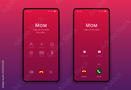 Call screen gui interface. Smartphone incoming outcoming call template, flat mobile app page isolated purple gradient background for application. Flat design vector illustration