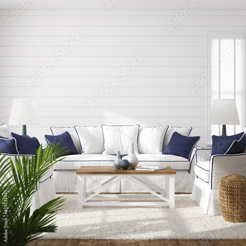 Hampton style living room interior, wall mockup, 3d render