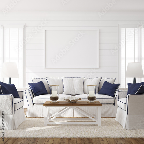 Hampton style living room interior with frame mockup, 3d render photo
