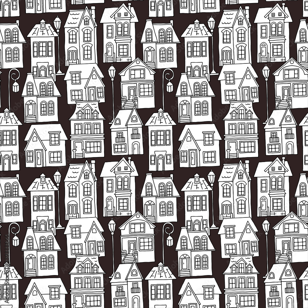 Vector seamless pattern with the image of vintage monochrome houses on a black background. Design for printing postcards, posters, leaflets, bedding, wrapping paper