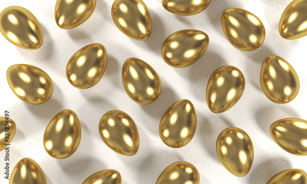A lot of golden eggs lying on a white table. 3d rendering A lot of golden eggs lying on a white table. 3d rendering
