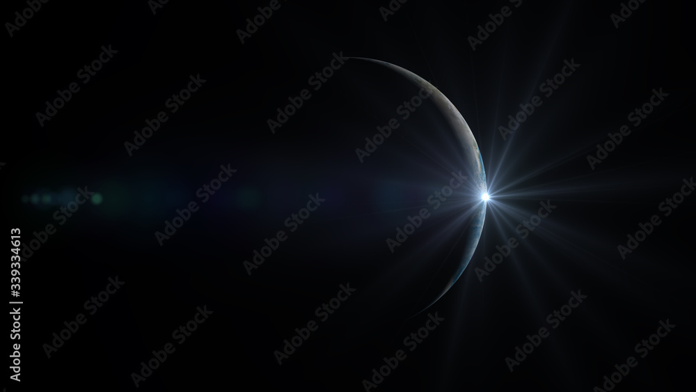 Obraz premium Sun slowly Rises and illuminates the Earth Planet in space creating a thin bright Rim. Amazing Earth Planet in Space. (Elements of this image furnished by NASA). 3D Rendering.