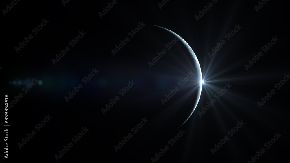Sun slowly Rises and illuminates the Moon in space creating a thin bright Rim. Elements of this image furnished by NASA. 3D Rendering.