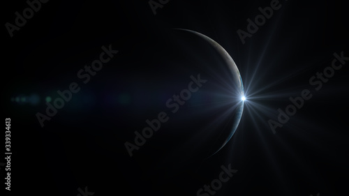 Sun slowly Rises and illuminates the Earth Planet in space creating a thin bright Rim. Amazing Earth Planet in Space. (Elements of this image furnished by NASA). 3D Rendering.