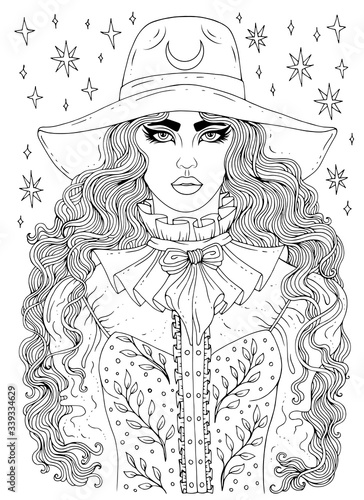 JPEG  hand drawn portrait of a young modern city witch. Young girl with long wavy hair and wide brim fashion hat. Ornamental Patterned page for coloring book. Design card, print on t-shirt Halloween