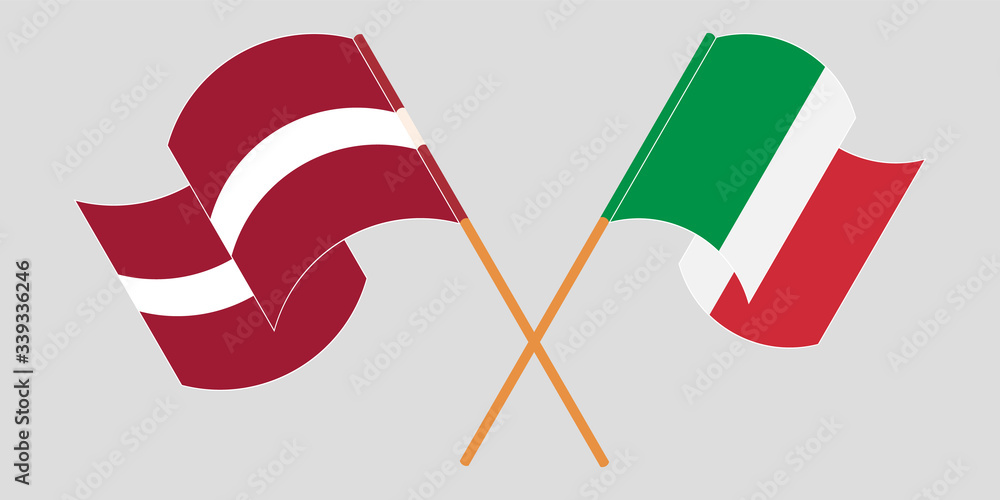 Crossed and waving flags of Latvia and Italy Crossed and waving flags of Latvia and Italy