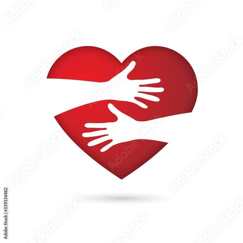 hands embracing red heart with love vector illustrator, hug love symbol