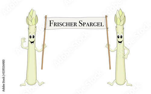 Fröhliche weiße Spargel mit Schild und Text „Frischer Spargel“,
Vektor Illustration isoliert auf weißem Hintergrund
