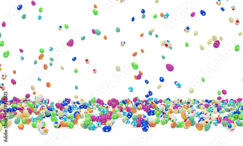 Heap of Painted Easter Eggs falling on white background. 3D Rendering