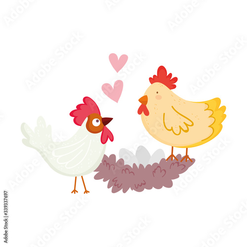 farm animals rooster hen and egg in nest cartoon