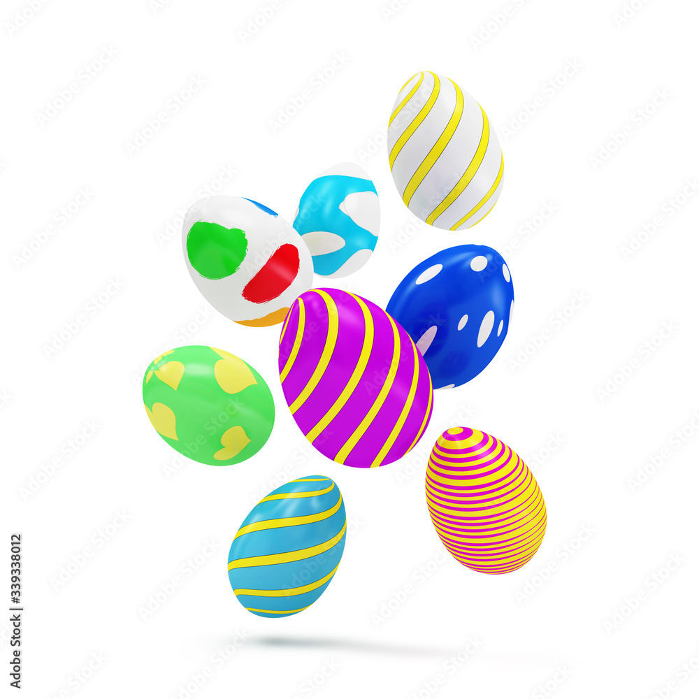 Heap of Painted Easter Eggs on white background. 3D Rendering
