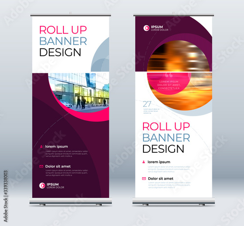 Roll Up banner stand presentation concept. Corporate business roll up template background. Vertical template billboard, banner stand or flag design layout. Poster for conference, forum, shop