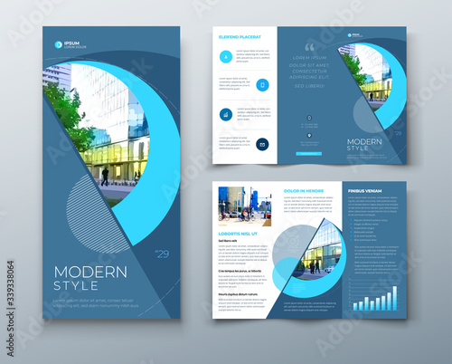 Tri fold brochure design with circle, corporate business template for tri fold flyer. Layout with modern photo and abstract circle background. Creative concept folded flyer or brochure.