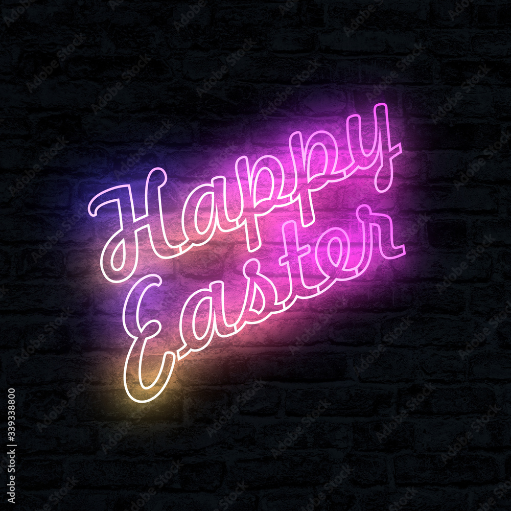 Happy Easter Neon Light Sign Text on brick Wall with Illumination. 3D Rendering Happy Easter Neon Light Sign Text on brick Wall with Illumination. 3D Rendering