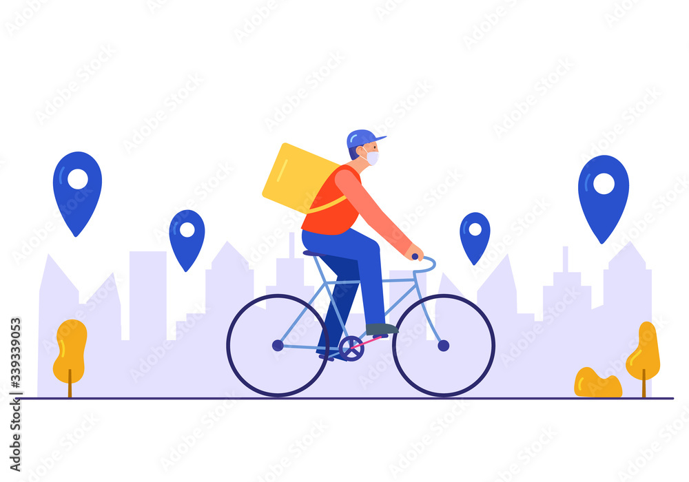 Delivery Service Concept Delivery Guy on Bicycle with Map Point Flat Design Style Vector Illustration Delivery Service Concept Delivery Guy on Bicycle with Map Point Flat Design Style Vector Illustration