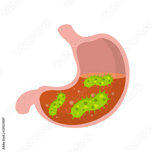 Human stomach. Virus and bacteria inside the body. Green micro-organism. Disease and illness. Dysentery and medical care. Digestive problems. Flat icon