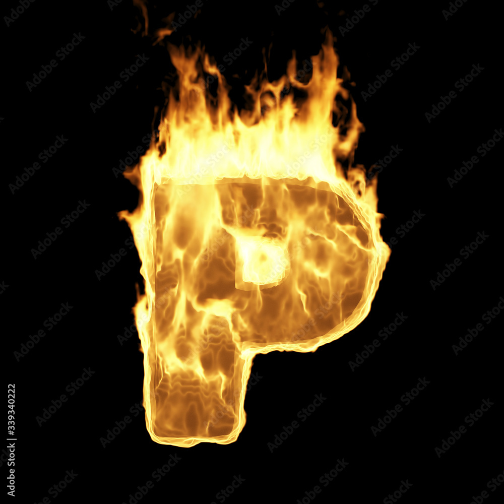 Burning Flame Alphabet. Fire Letters isolated on black background (Letter P). 3D Rendering Burning Flame Alphabet. Fire Letters isolated on black background (Letter P). 3D Rendering